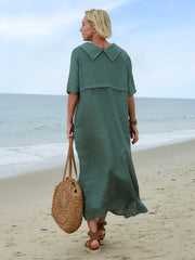 100% lniana damska sukienka z kołnierzykiem Piotrusia Pana, luźna, swobodna, z krótkim rękawem