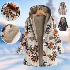 Damska zimowa kurtka polarowa z kapturem i nadrukiem