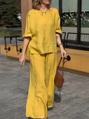 Damski top z okrągłym dekoltem i spodniami z wysokim stanem, lniany garnitur