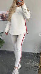 Damski garnitur casual w paski z długim rękawem i kapturem