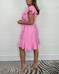 2025 Lato Nowa Sukienka z Dekoltem w Serek Sukienka w Jednolitym Kolorze Falbana