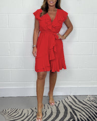 2025 Lato Nowa Sukienka z Dekoltem w Serek Sukienka w Jednolitym Kolorze Falbana