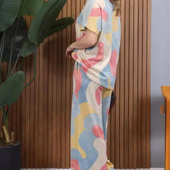 Zestaw Top & Spodnie w Kontrastowym Kolorze z Dekoltem w Serek