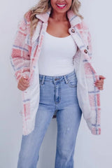 Damska nowa wełniana kurtka w kratę w kształcie misia