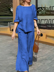 Damski top z okrągłym dekoltem i spodniami z wysokim stanem, lniany garnitur