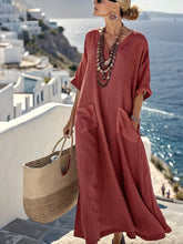 Damska luźna, jednolita, lniana sukienka z kieszeniami