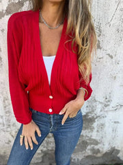 luźny kardigan z lnu i bawełny zapinany na guziki z dekoltem w serek