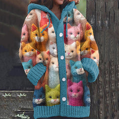 Kolorowy, przytulny sweter z kapturem w koty