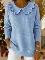 Damski sweter z długim rękawem, jednolitym kolorem i kołnierzykiem Piotruś Pan, luźny i swobodny