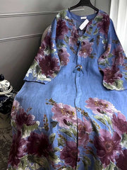 Sukienka z długim rękawem i dekoltem w serek, z bawełny i lnu w stylu retro