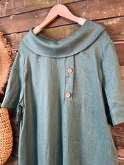 100% lniana damska sukienka z kołnierzykiem Piotrusia Pana, luźna, swobodna, z krótkim rękawem