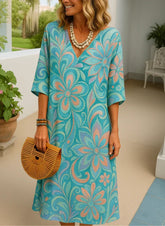 Damska sukienka z krótkim rękawem i nadrukiem, casualowa i długa