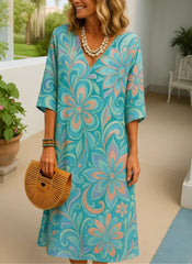 Damska sukienka z krótkim rękawem i nadrukiem, casualowa i długa