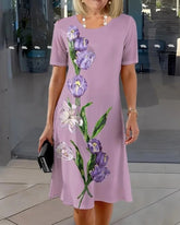 Sukienka swobodna z okrągłym dekoltem i nadrukiem kwiatowym