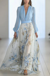 Elegancka sukienka maxi z kwiatowym nadrukiem, dekoltem w serek i długimi rękawami