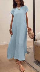 Damska plisowana sukienka swobodna z okrągłym dekoltem