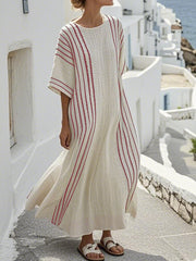 Damska sukienka w kontrastowe paski z bawełny i lnu