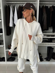 Dwuczęściowy komplet damski z długim rękawem, kapturem i okrągłym dekoltem