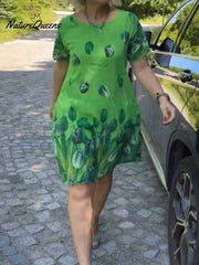 Sukienka damska z bawełny i lnu z kwiatowym wzorem