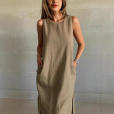 ✨Bawełniana lniana sukienka bez rękawów z rozcięciem w jednolitym kolorze