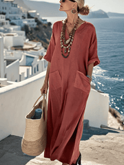 Damska luźna, jednolita, lniana sukienka z kieszeniami