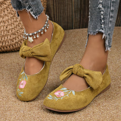 Nowe haftowane płaskie buty typu Mary Jane z kokardą