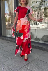 Elegancka, długa sukienka damska z nadrukiem kwiatowym