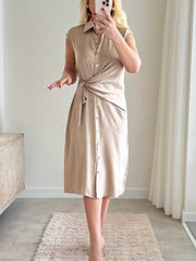 Sukienka koszulowa damska z krótkim rękawem: wiązana w talii, zapinana z przodu na guziki, midi