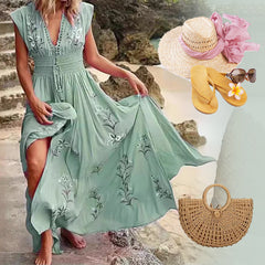 Damska długa letnia sukienka w stylu boho z dekoltem w szpic