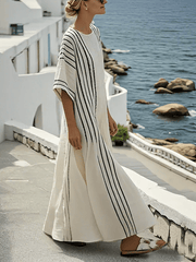 Damska sukienka w kontrastowe paski z bawełny i lnu