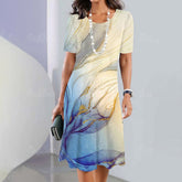 🌸Luźna sukienka z nadrukiem, z krótkim rękawem i okrągłym dekoltem