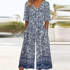 Damski kombinezon w stylu Vintage boho w kwiatowy wzór-V dekolt długie rękawy z kieszeniami