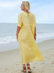 100% lniana damska sukienka z kołnierzykiem Piotrusia Pana, luźna, swobodna, z krótkim rękawem