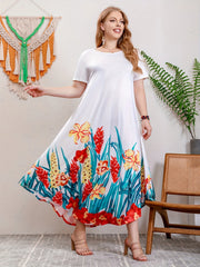 2025 Lato Nowy Drukowany Okrągły Dekolt Duży Rozmiar Długa Sukienka