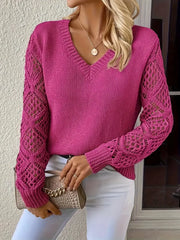Wiosenno-jesienny, dzianinowy top z długim rękawem i dekoltem w kształcie litery V