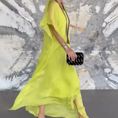 Damska przewiewna luźna sukienka maxi z dekoltem w serek