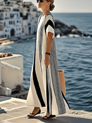 Damska luźna sukienka w paski z bawełny i lnu