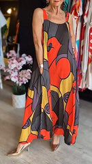 Sukienka damska z kwadratowym dekoltem i nadrukiem na szelkach