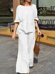 Damski top z okrągłym dekoltem i spodniami z wysokim stanem, lniany garnitur