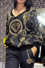 Damski top ze wzorzystymi kryształkami i dopasowane spodnie – dwuczęściowy zestaw