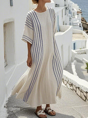 Damska sukienka w kontrastowe paski z bawełny i lnu