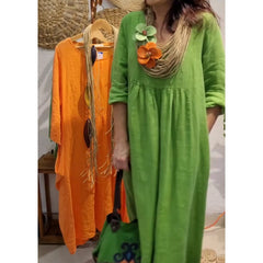 Damska swobodna sukienka lniana z długim rękawem w stylu boho