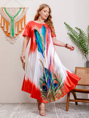 2025 Lato Nowy Drukowany Okrągły Dekolt Duży Rozmiar Długa Sukienka