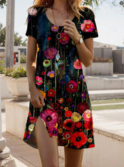 Sukienka z okrągłym dekoltem i nadrukiem w stylu indyjskim, z krótkim rękawem