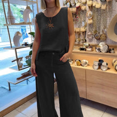 2025 Nowy komplet spodni bez rękawów z bawełny i lnu w jednolitym kolorze, 2 sztuki✨