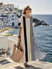 Damska luźna sukienka w paski z bawełny i lnu