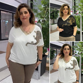 Damski, swobodny, elegancki top z nadrukiem i dekoltem w serek