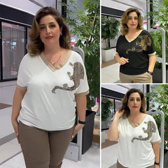 Damski, swobodny, elegancki top z nadrukiem i dekoltem w serek