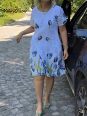 Sukienka damska z bawełny i lnu z kwiatowym wzorem