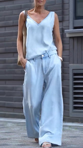 Damski swobodny garnitur z dekoltem w serek i bez rękawów z denimu Tencel